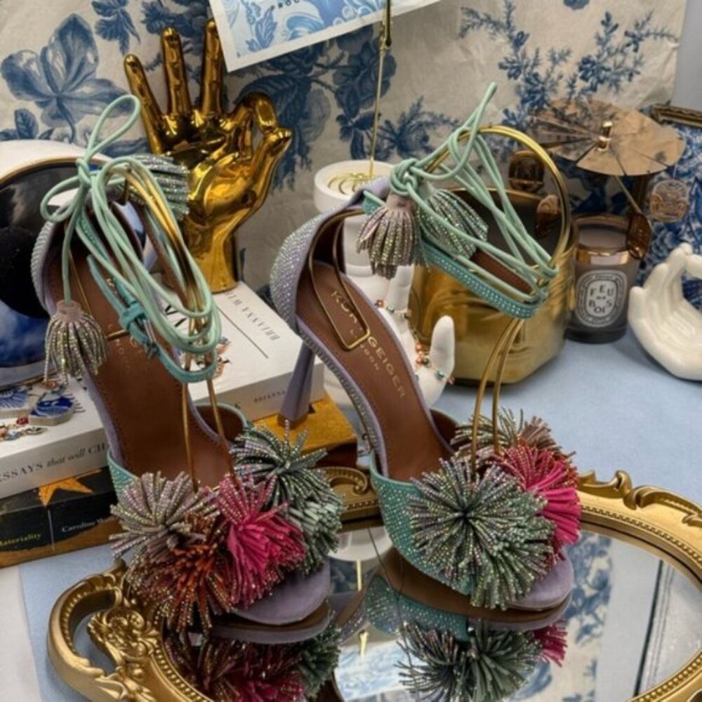 🆕 KURT GEIGER LONDON 🧿 NWOB Lilac & Teal Pom Pom Tie Ankle Heel, Sz 36 US 6 - Picture 2 of 15